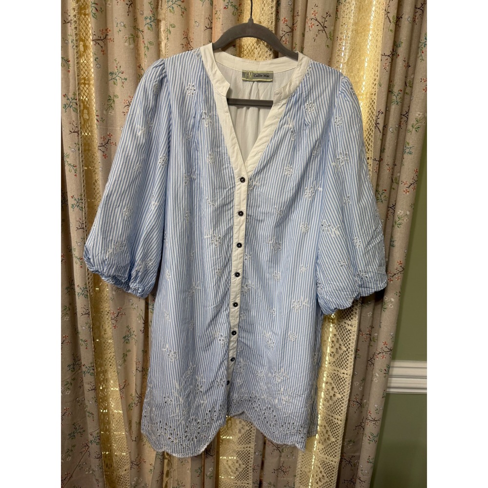 Callie Mac Blue Stripe Eyelet Tunic Dress Pockets Balloon Sleeve L